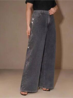 Wide-Leg Gray Jeans Rhinestone Detail Baggy Straight Denim Jeans 14 1XL Plus